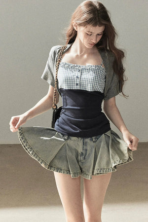 A-Line Pleated Denim Skirt