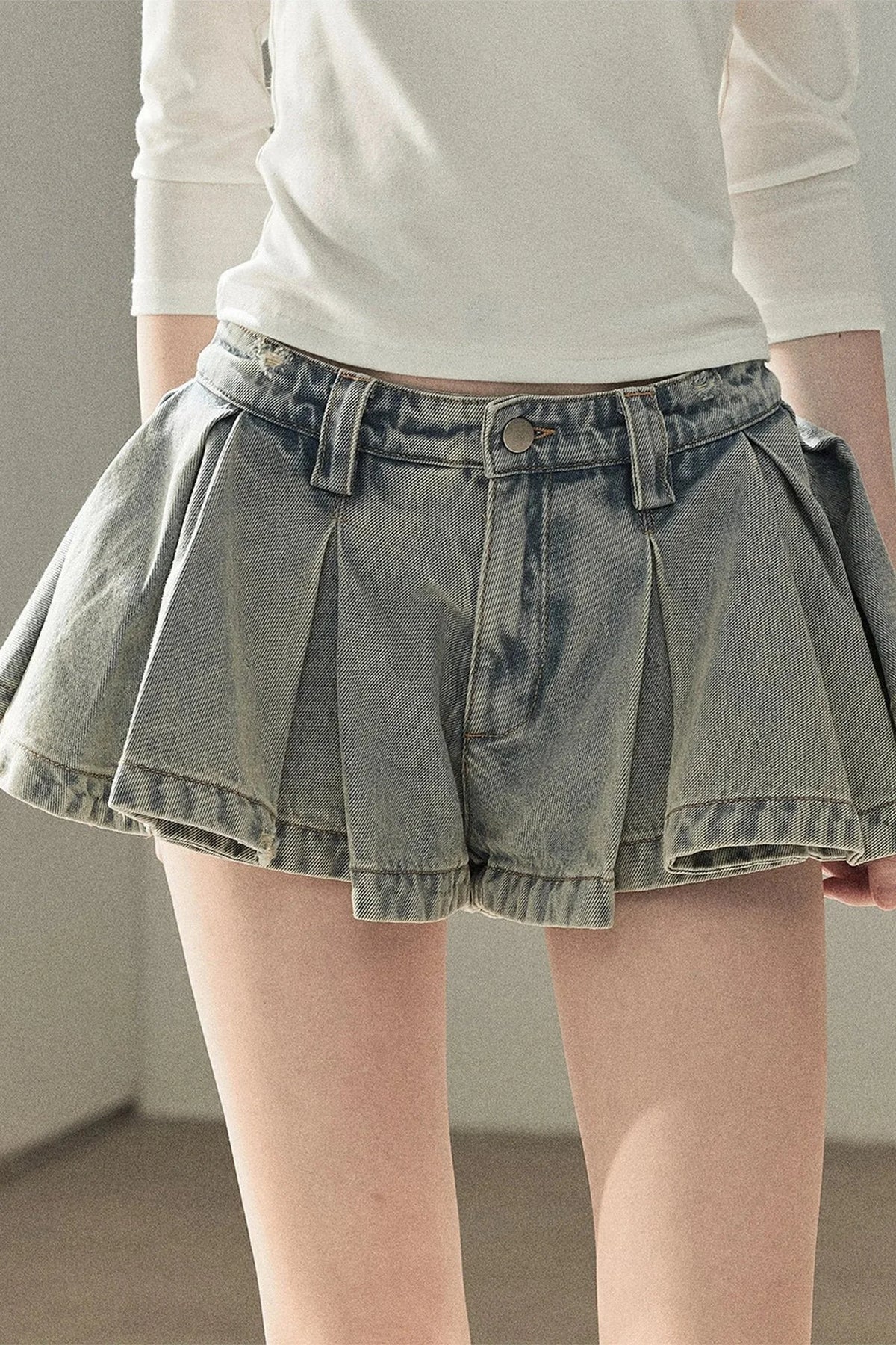 A-Line Pleated Denim Skirt