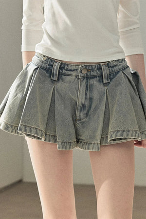 A-Line Pleated Denim Skirt