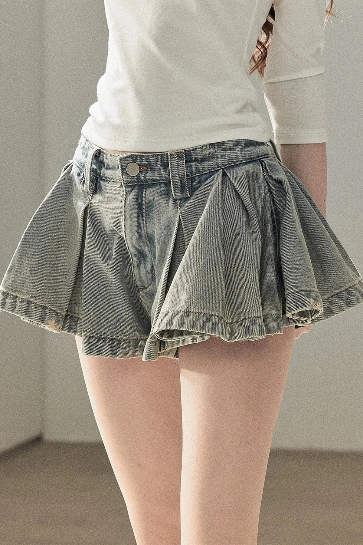 A-Line Pleated Denim Skirt