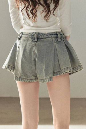 A-Line Pleated Denim Skirt