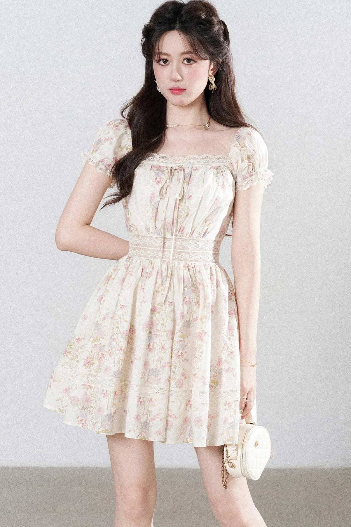 A-Line Puff Sleeve Square Neck Floral Dress