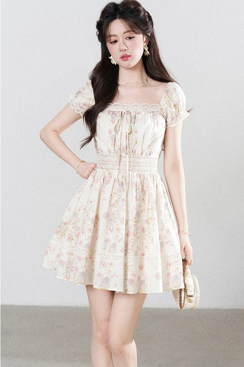 A-Line Puff Sleeve Square Neck Floral Dress