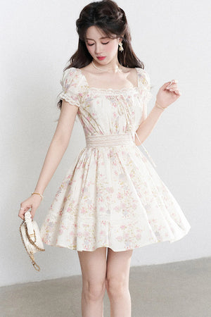 A-Line Puff Sleeve Square Neck Floral Dress