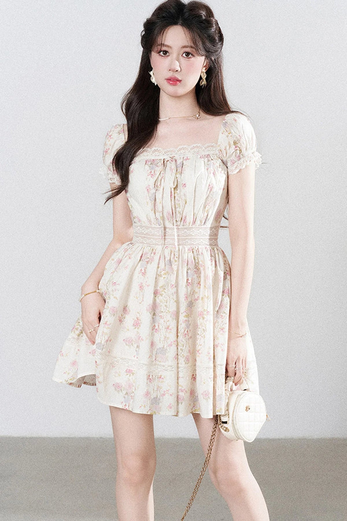 A-Line Puff Sleeve Square Neck Floral Dress