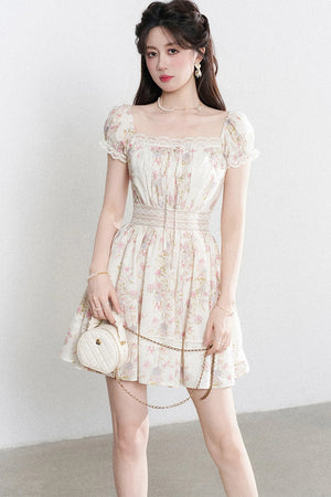 A-Line Puff Sleeve Square Neck Floral Dress