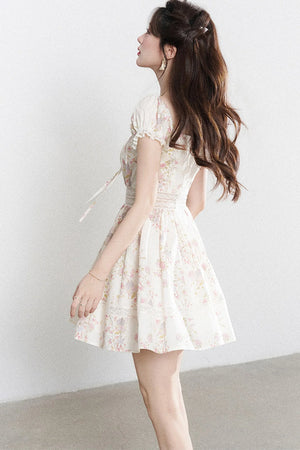 A-Line Puff Sleeve Square Neck Floral Dress