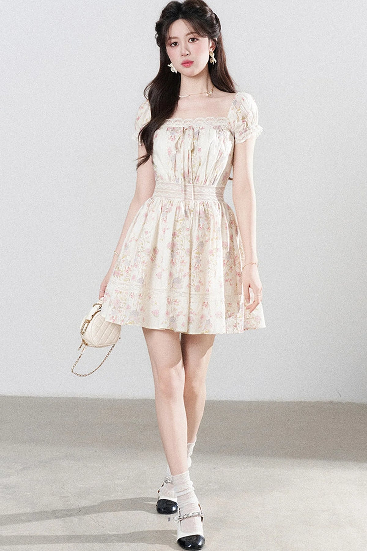 A-Line Puff Sleeve Square Neck Floral Dress