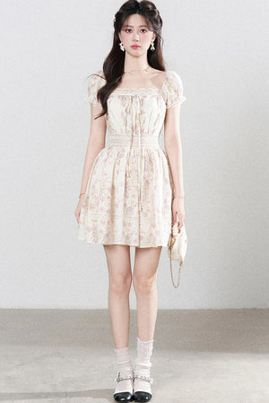 A-Line Puff Sleeve Square Neck Floral Dress