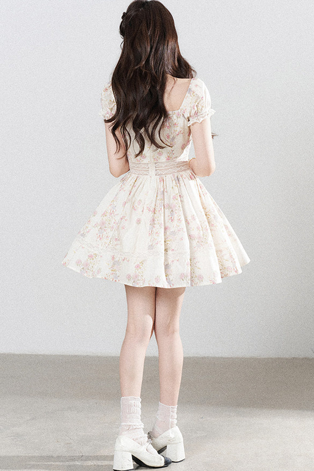 A-Line Puff Sleeve Square Neck Floral Dress