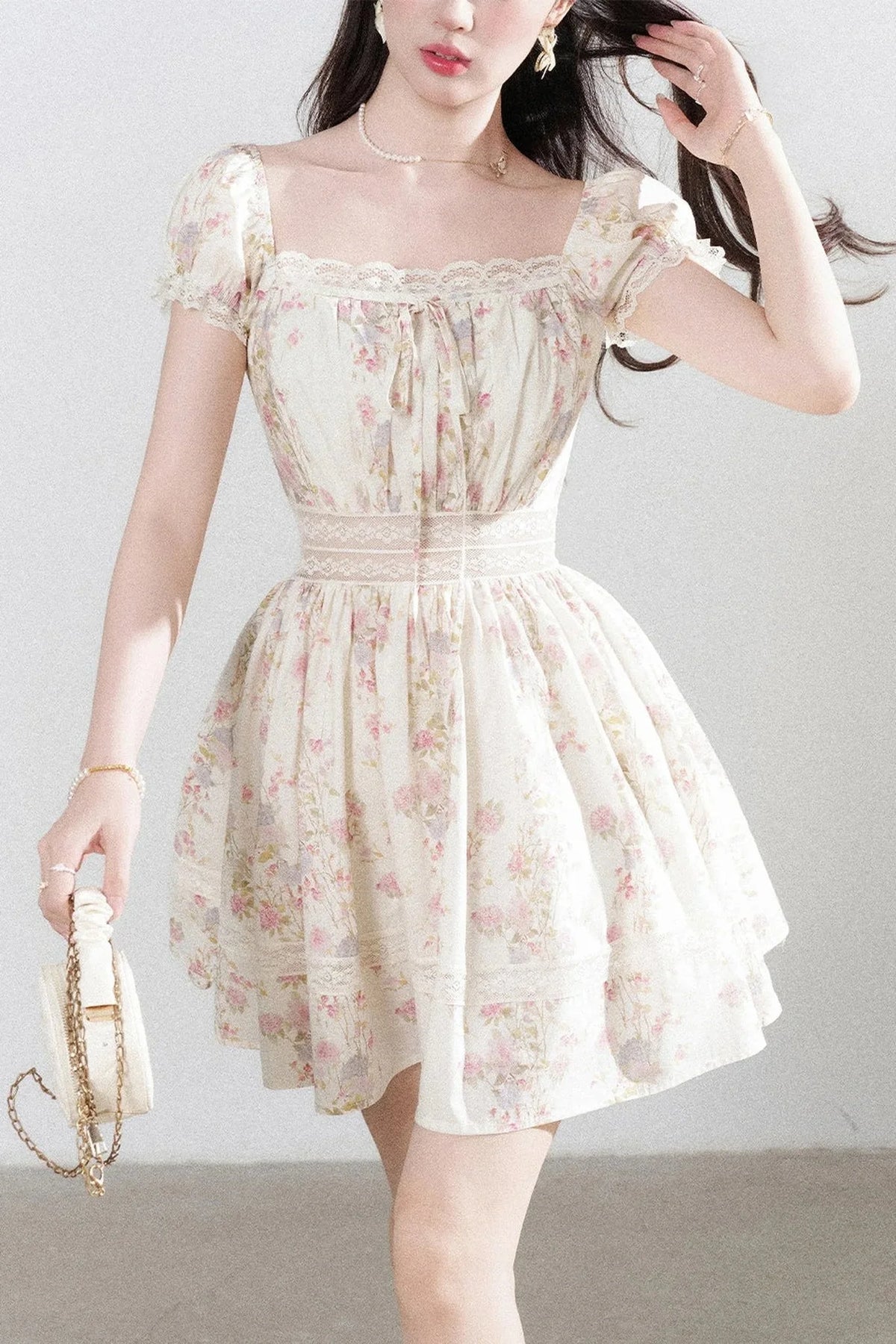 A-Line Puff Sleeve Square Neck Floral Dress
