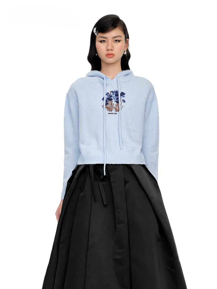 Blue & Pink Floral Embroidery Hooded Knit Sweatshirt