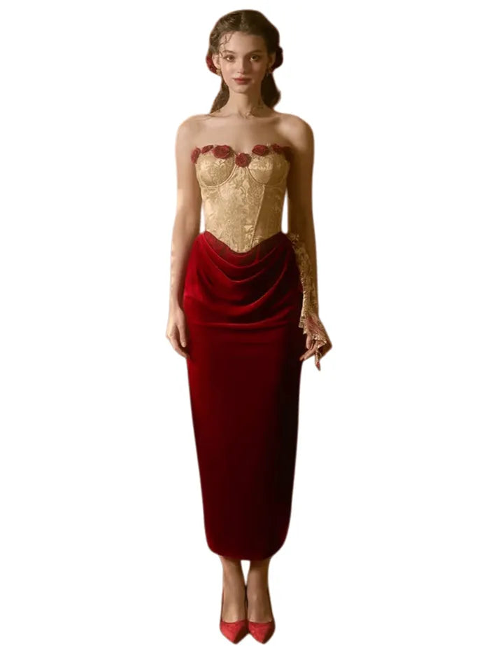 Red French Vintage Strapless Corset Dress