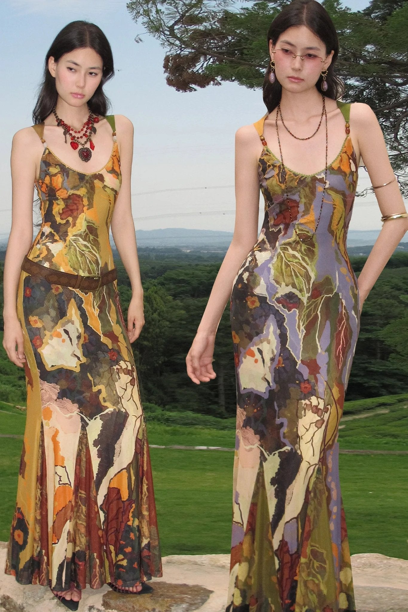 Abstract Print Beaded Strap Slip Dress