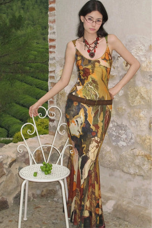 Abstract Print Beaded Strap Slip Dress