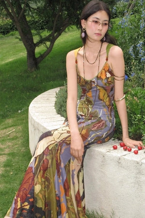 Abstract Print Beaded Strap Slip Dress