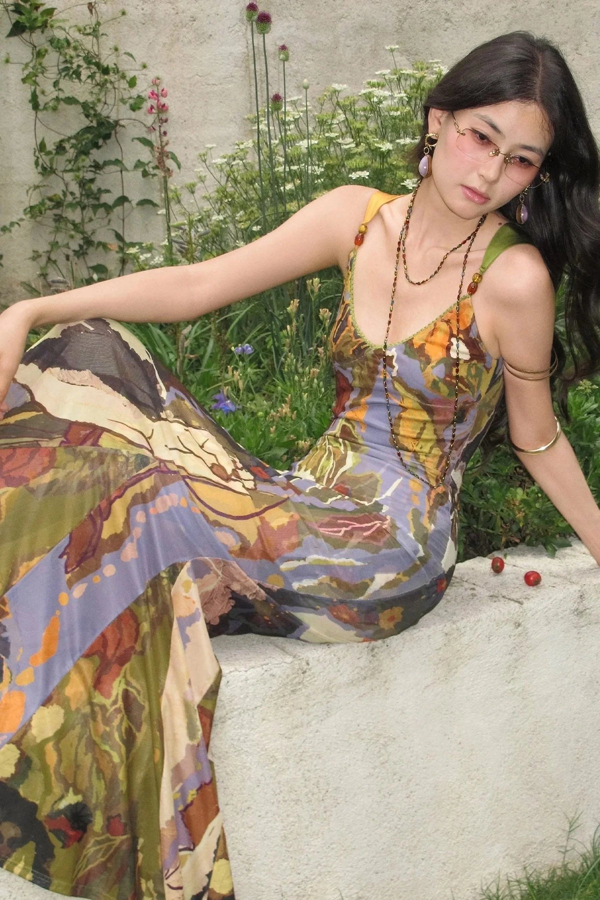 Abstract Print Beaded Strap Slip Dress