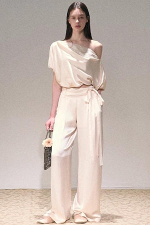 Acetate Bud Slanted Shoulder Top & Pants Set-Up