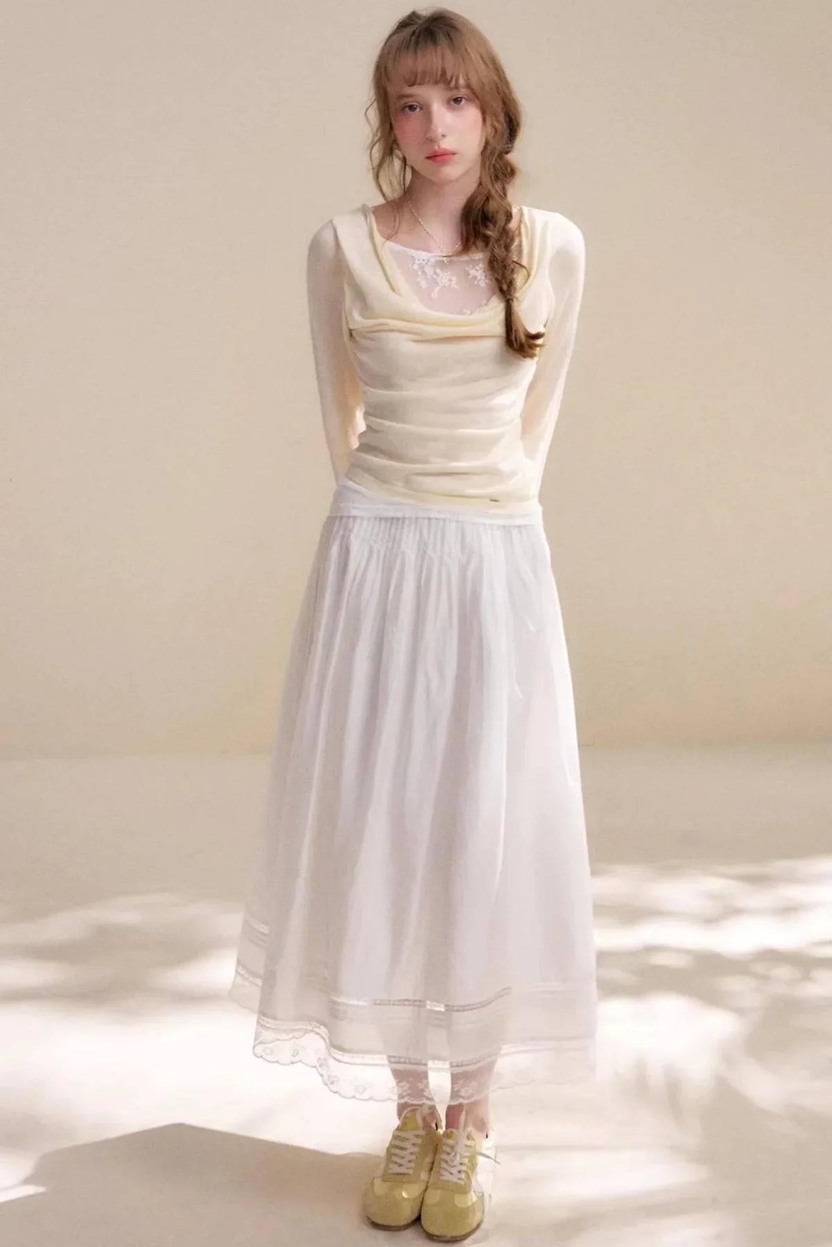 Acetate Lace Pleated Long Skirt