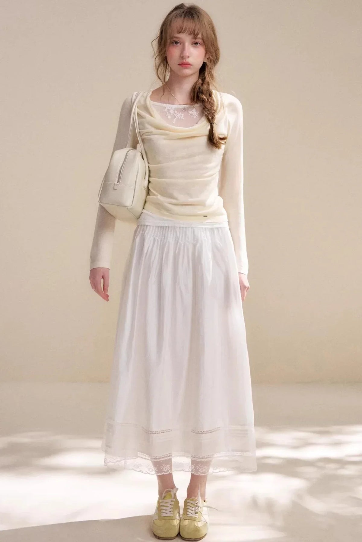 Acetate Lace Pleated Long Skirt