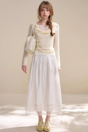 Acetate Lace Pleated Long Skirt