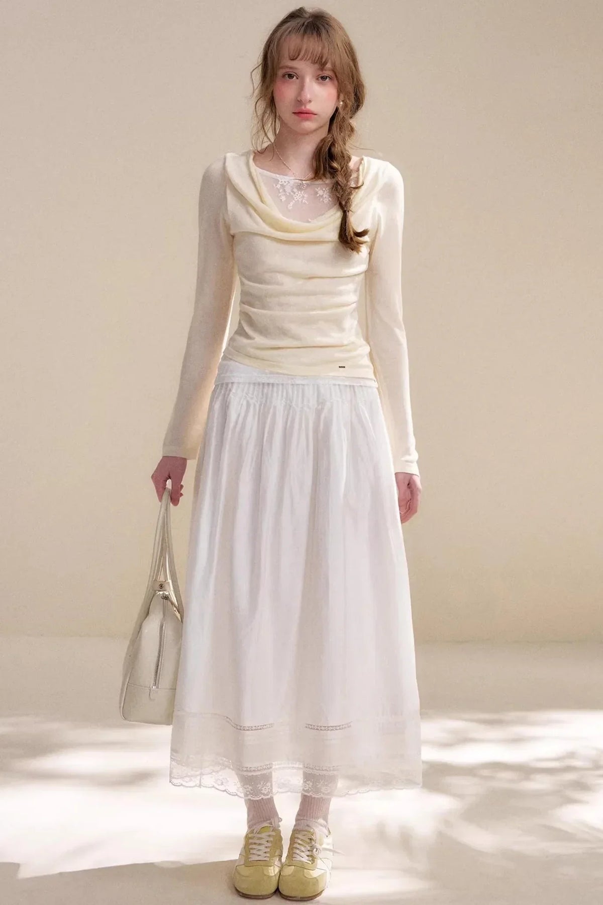 Acetate Lace Pleated Long Skirt