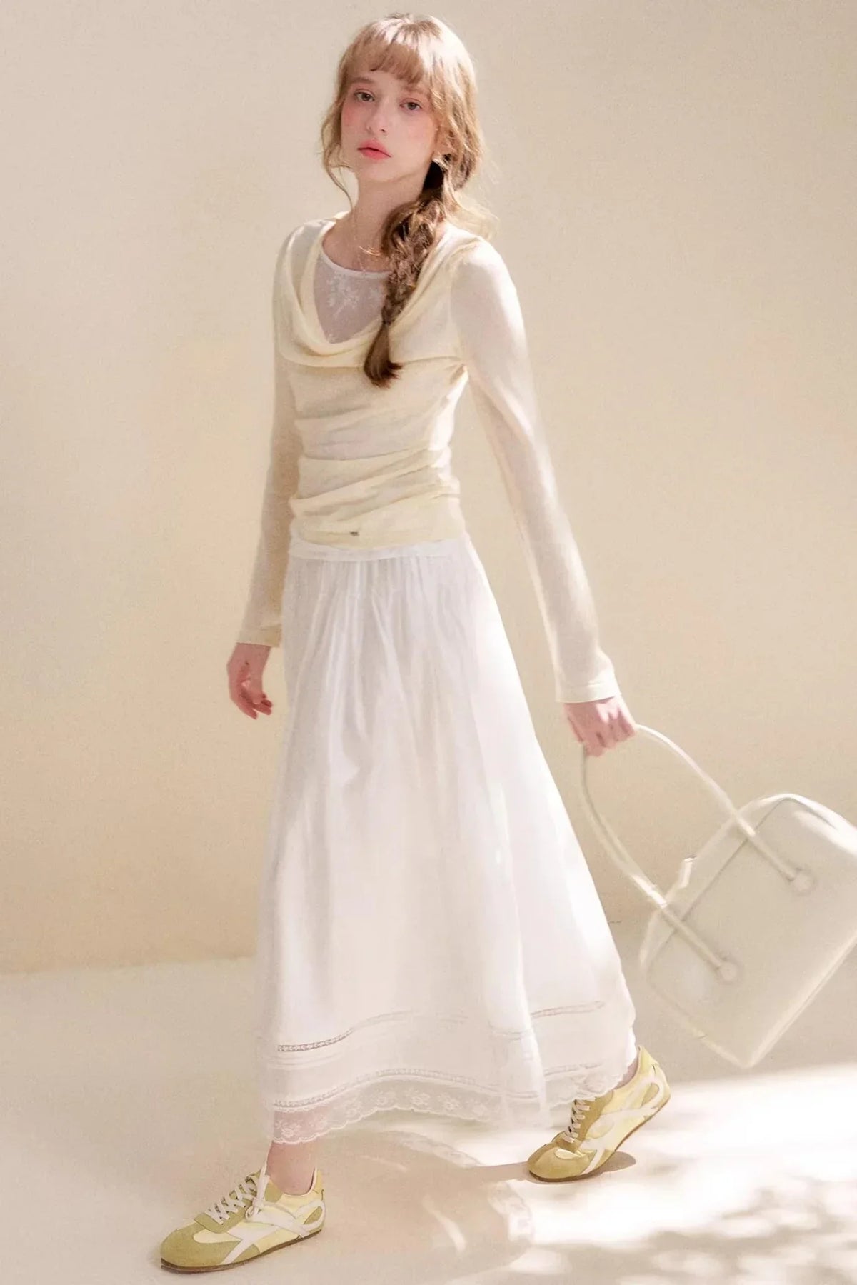 Acetate Lace Pleated Long Skirt