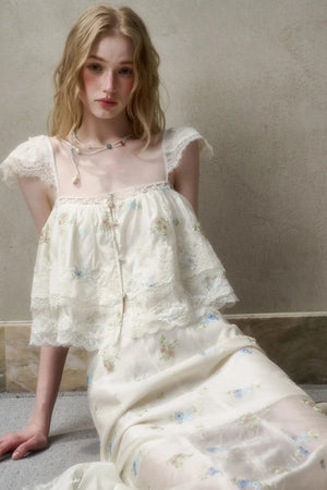 Airy Floral Ensemble Long Lace Skirt Set-Up