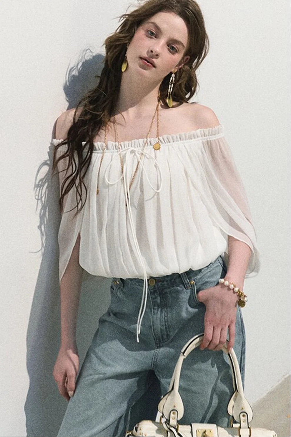 Airy Off-Shoulder Chiffon Blouse