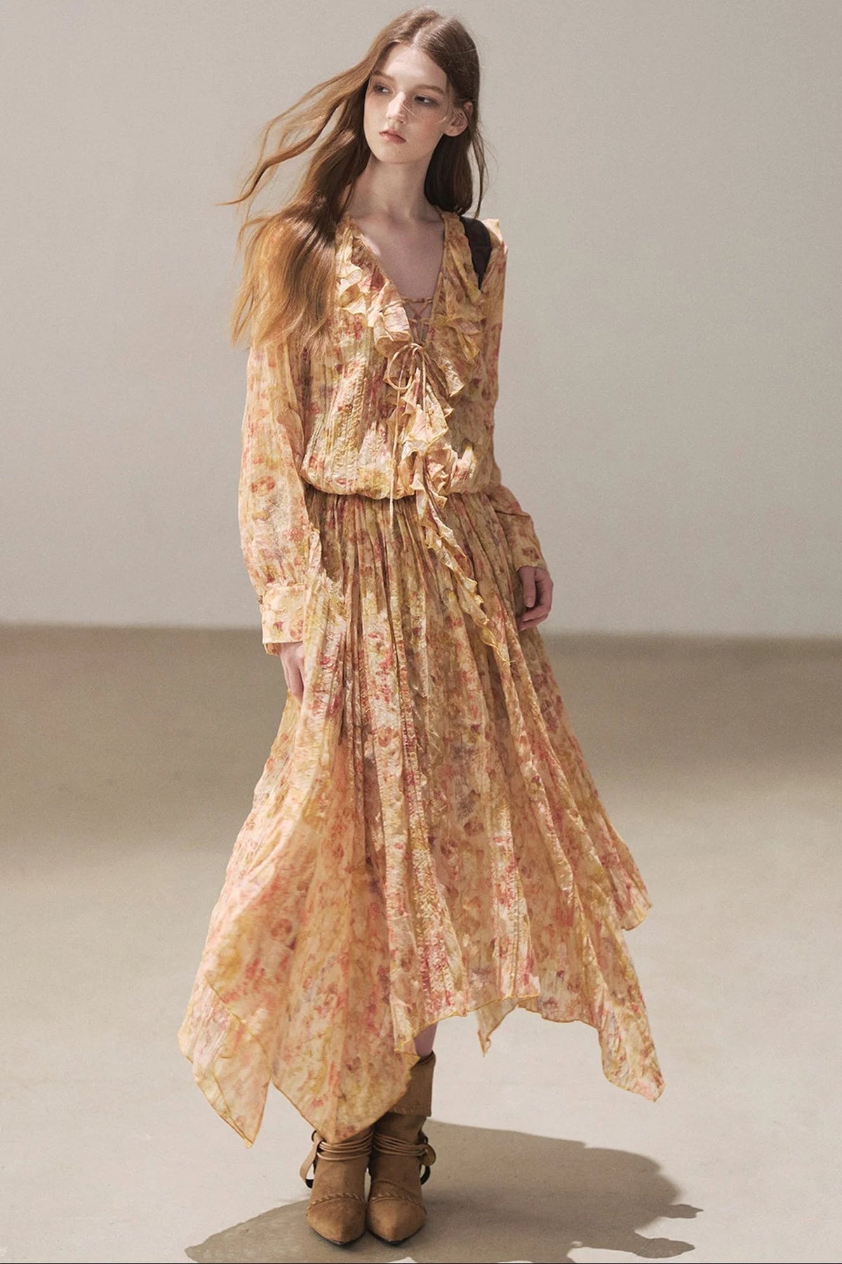 Amber Twilight Ruffled Floral Long Dress
