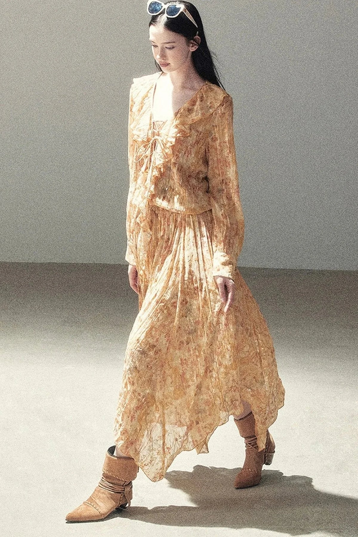 Amber Twilight Ruffled Floral Long Dress