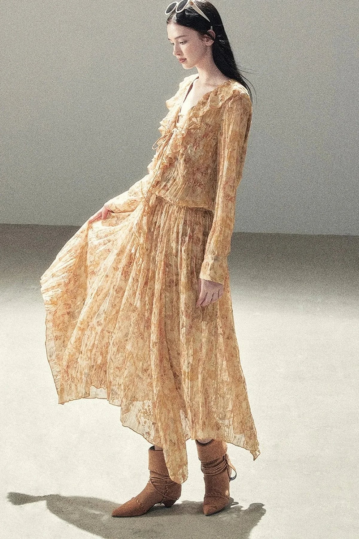 Amber Twilight Ruffled Floral Long Dress