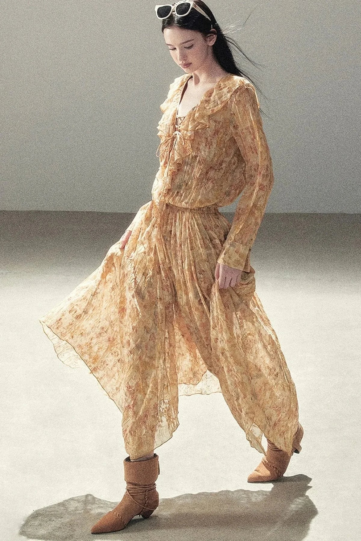 Amber Twilight Ruffled Floral Long Dress