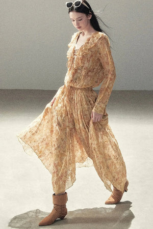 Amber Twilight Ruffled Floral Long Dress