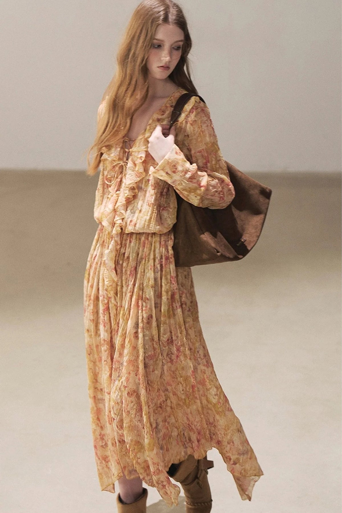 Amber Twilight Ruffled Floral Long Dress