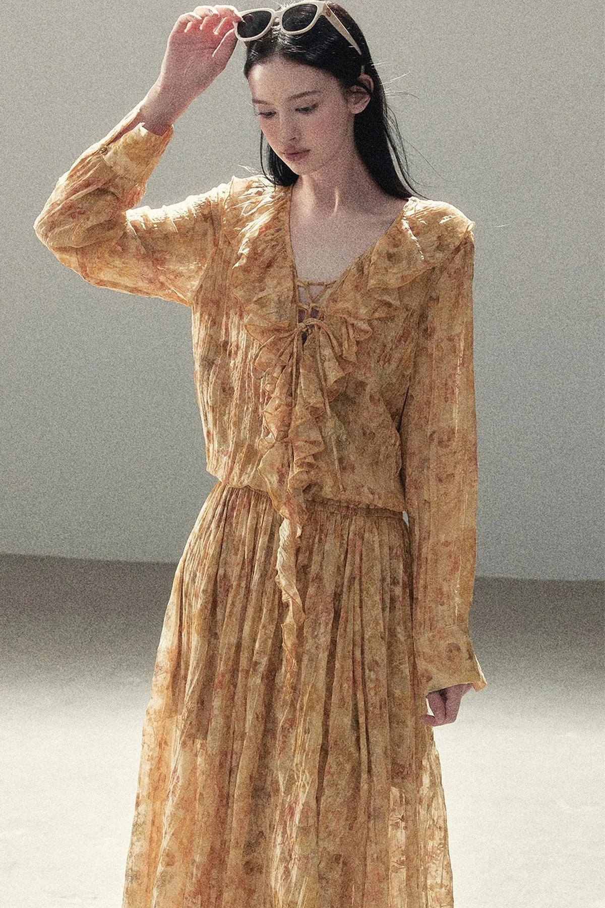 Amber Twilight Ruffled Floral Long Dress