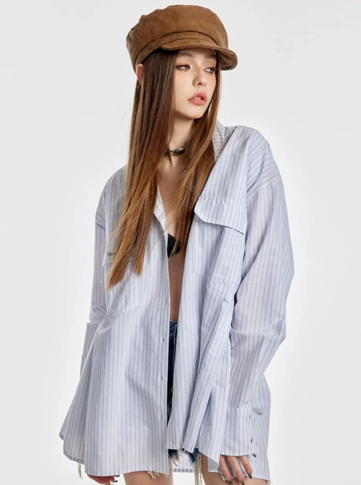 American Blue And White Long-sleeved Shirt