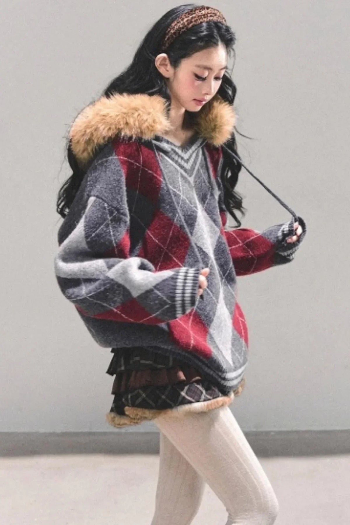 American College Style Fur Collar Sweater