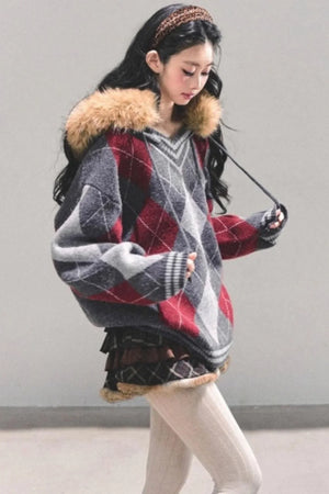 American College Style Fur Collar Sweater