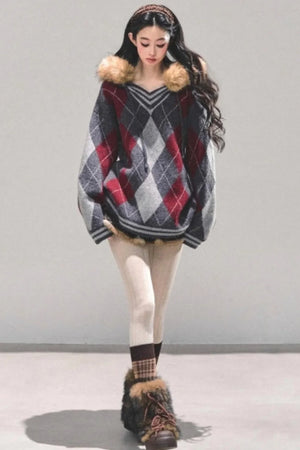 American College Style Fur Collar Sweater