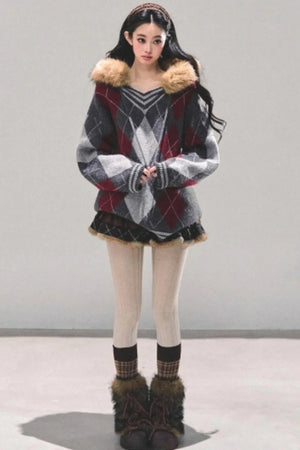 American College Style Fur Collar Sweater