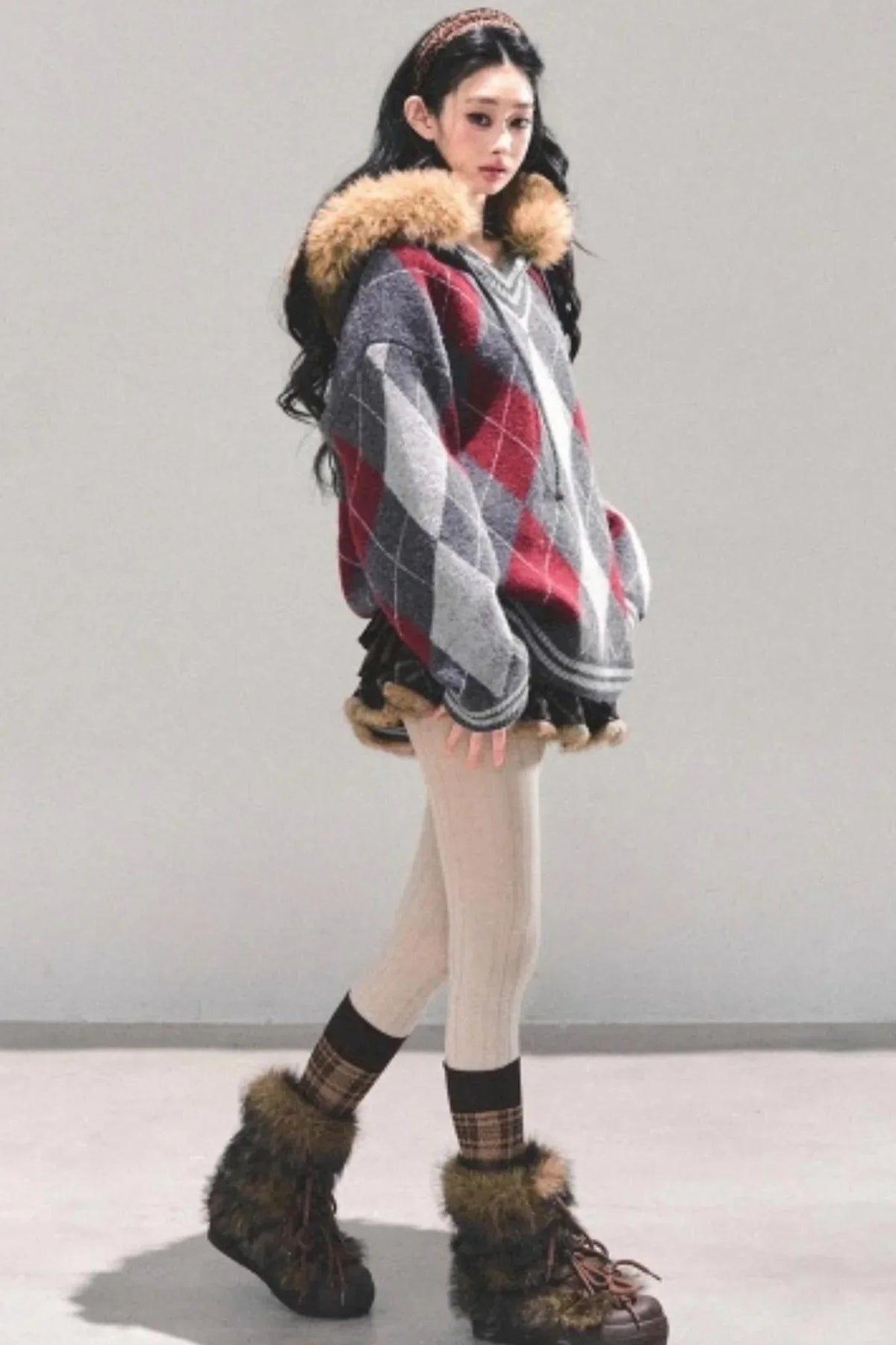 American College Style Fur Collar Sweater