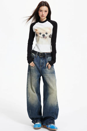 American Distressed Denim Wide-leg Pants