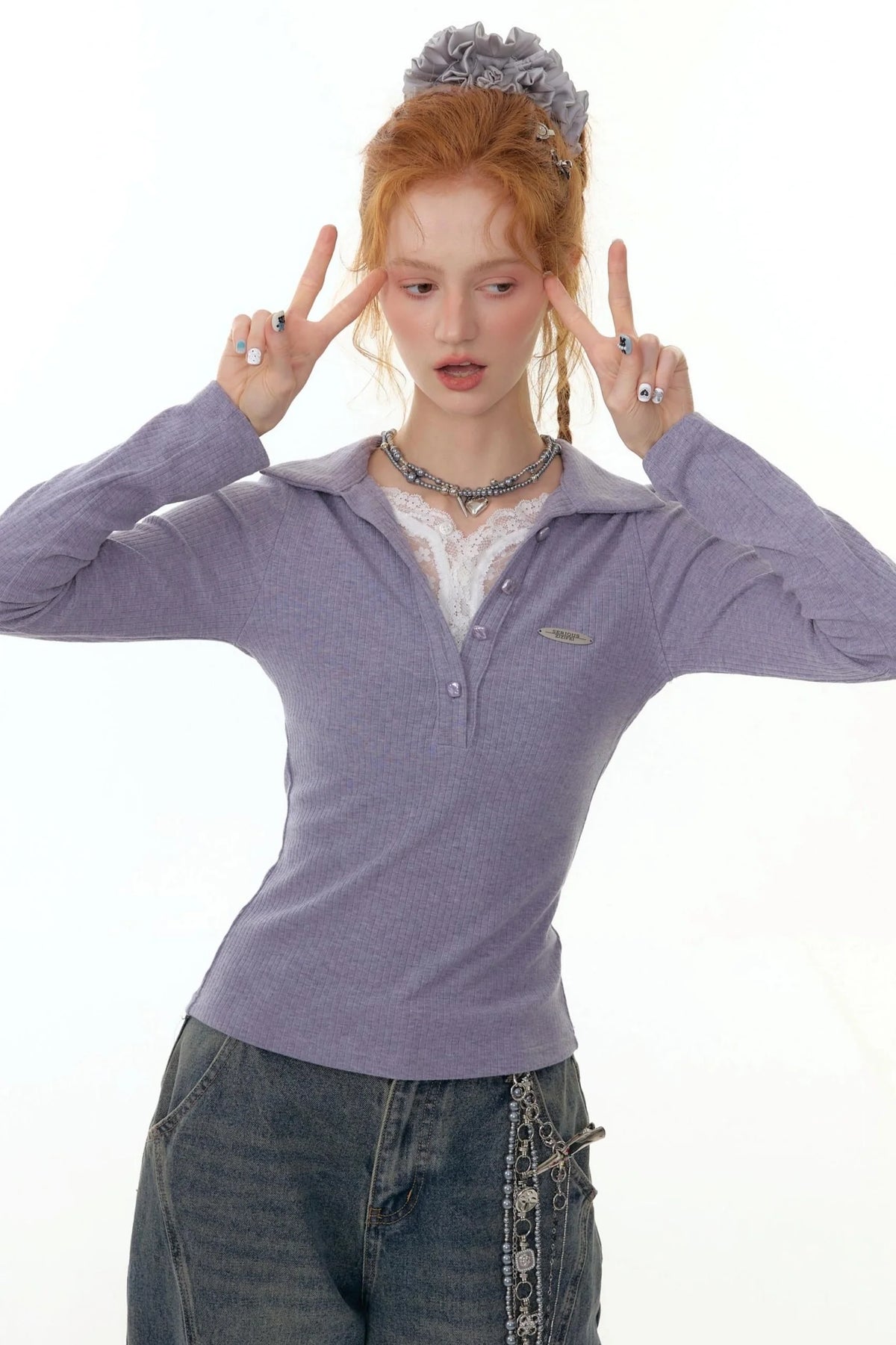 American Lace Polo Collar Knit Top