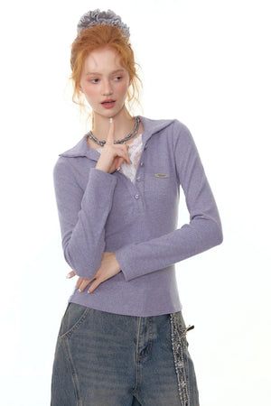 American Lace Polo Collar Knit Top