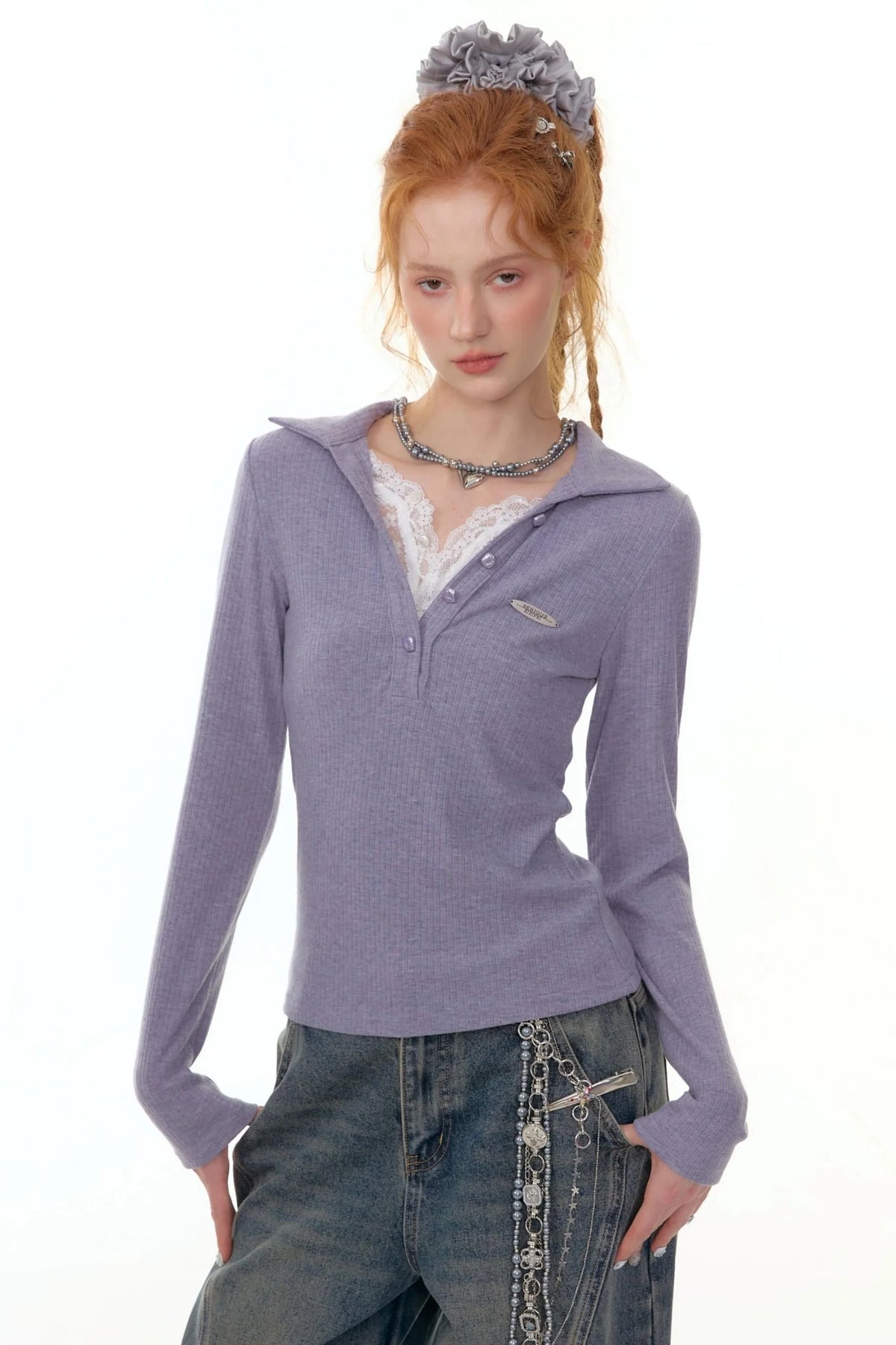 American Lace Polo Collar Knit Top