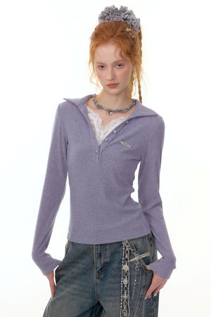 American Lace Polo Collar Knit Top