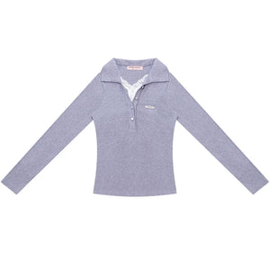 American Lace Polo Collar Knit Top