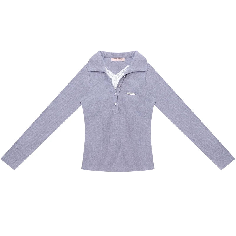 American Lace Polo Collar Knit Top
