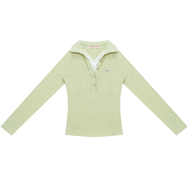 American Lace Polo Collar Knit Top